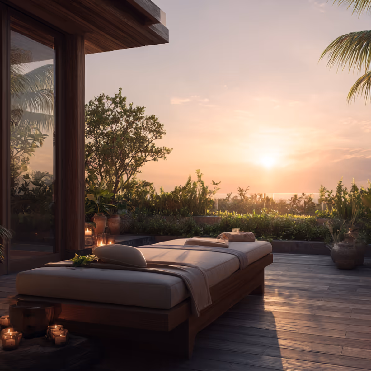 Outdoor wooden daybed with cushions and candles on a terrace overlooking a garden at sunset.