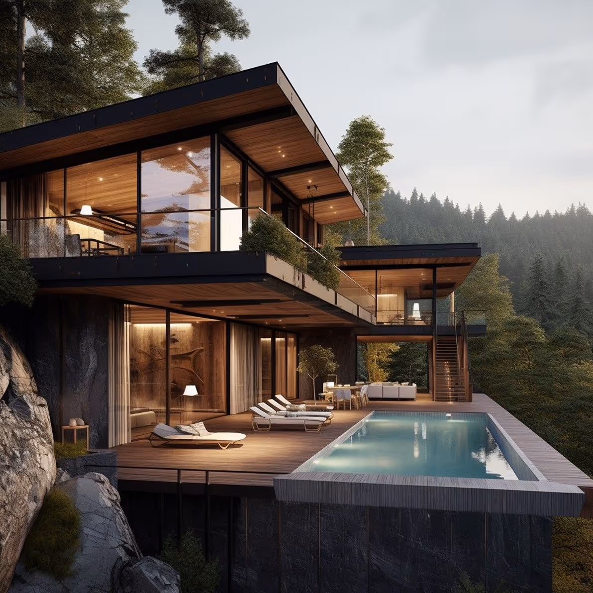 Modern two-story house with large glass windows, outdoor wooden deck with lounge chairs, dining area, and an infinity pool overlooking forested hillside.