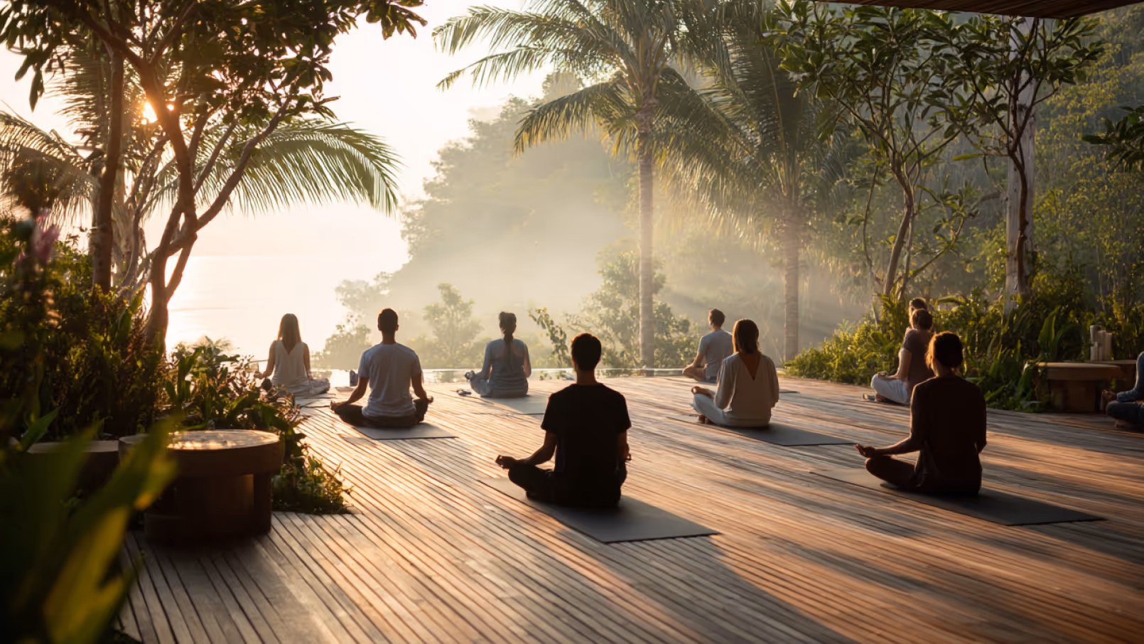 Group of people sitting in meditation on yoga mats on a wooden deck surrounded by tropical trees during sunrise.