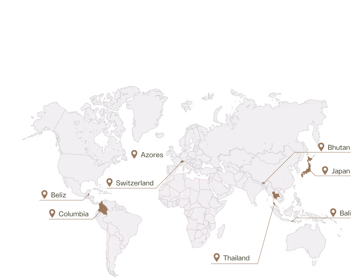 World map highlighting Belize, Colombia, Azores, Switzerland, Thailand, Bhutan, Japan, and Bali with location pins and labels.