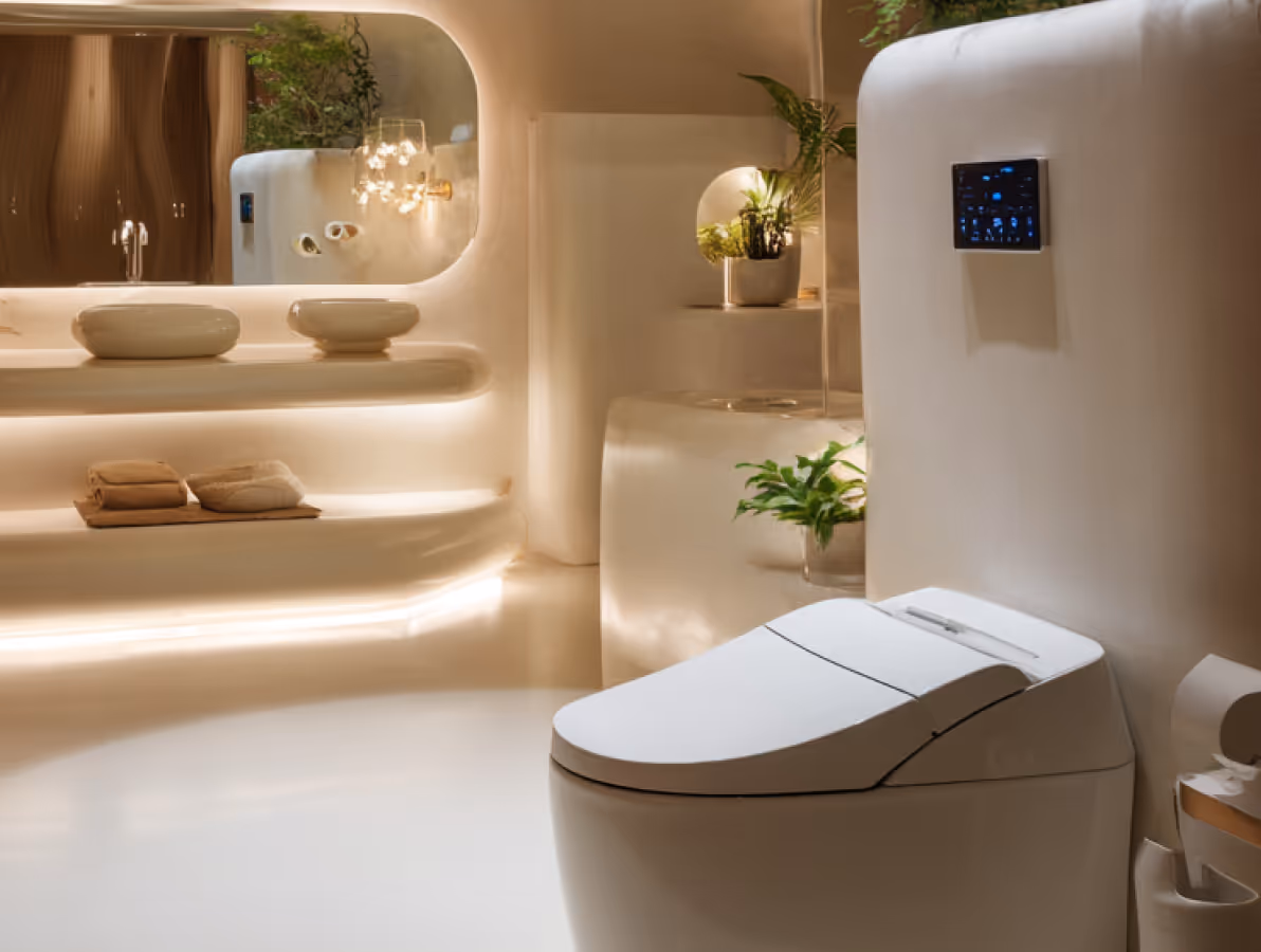 Modern beige bathroom with a sleek smart toilet, illuminated round mirror, double vessel sinks, towels, and green plants.