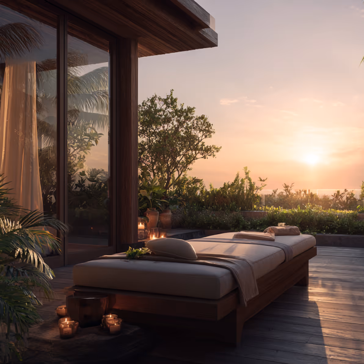 Outdoor wooden daybed with cushions and towels on a deck surrounded by plants at sunset.
