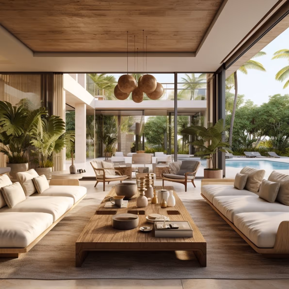 Modern living room with two white cushioned sofas, wooden coffee table, large glass windows overlooking a pool and lush greenery.
