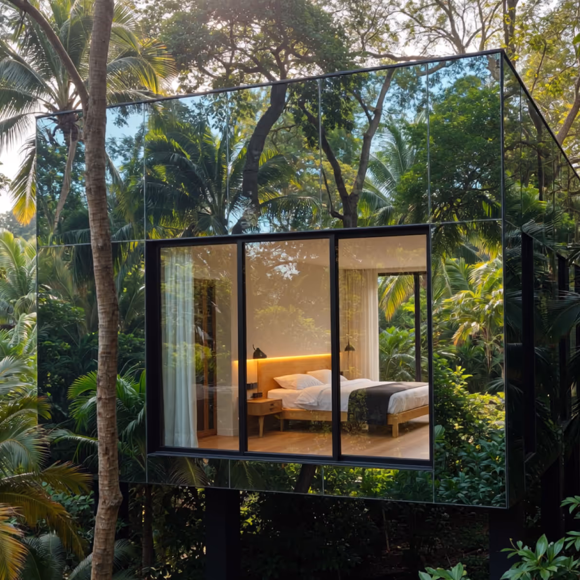 Modern mirrored glass bedroom cabin elevated on stilts surrounded by lush tropical forest.