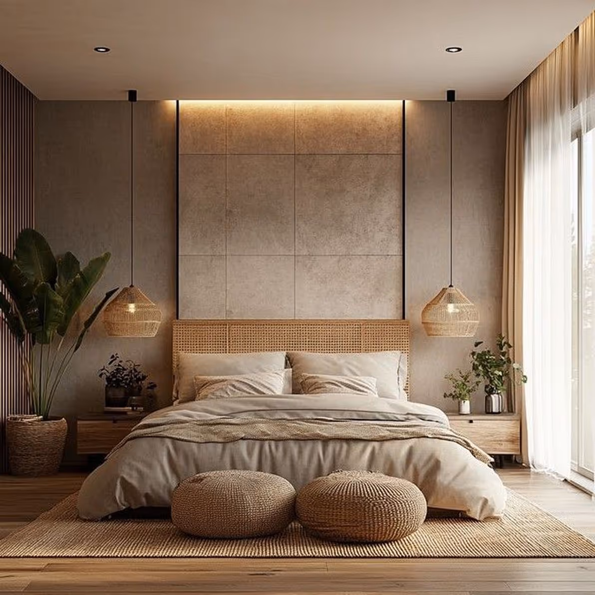 Modern bedroom with beige and brown tones, featuring a large bed with woven headboard, two hanging wicker lamps, plants on wooden nightstands, and round woven ottomans on a textured rug.