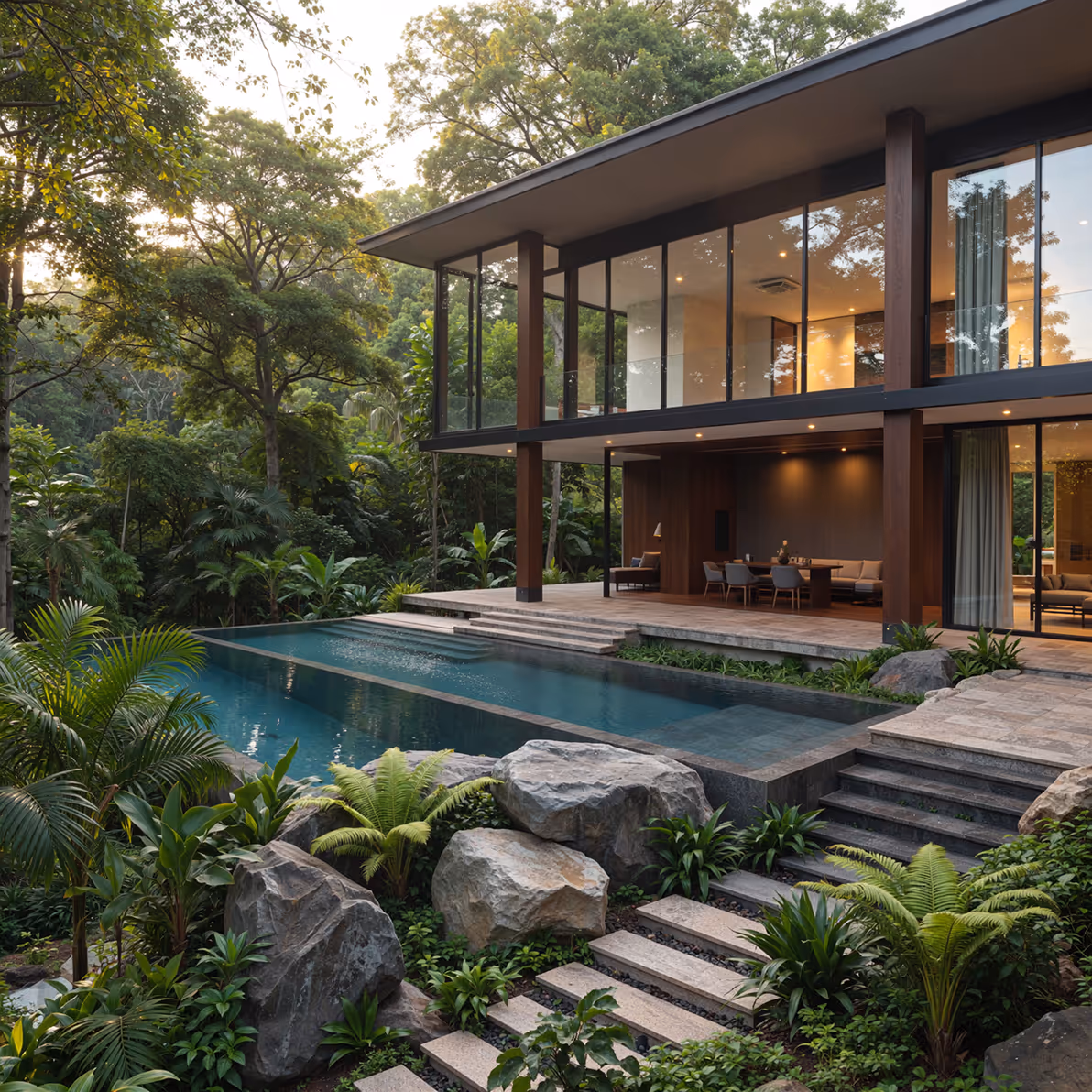 Modern two-story house with large glass windows overlooking a rectangular swimming pool surrounded by lush greenery and stone steps.