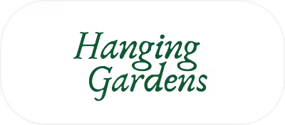 Logo with the text 'Hanging Gardens' in green serif font on a black rounded rectangle background.