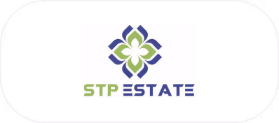 Logo for STP Estate featuring a blue and green geometric floral design above the text.