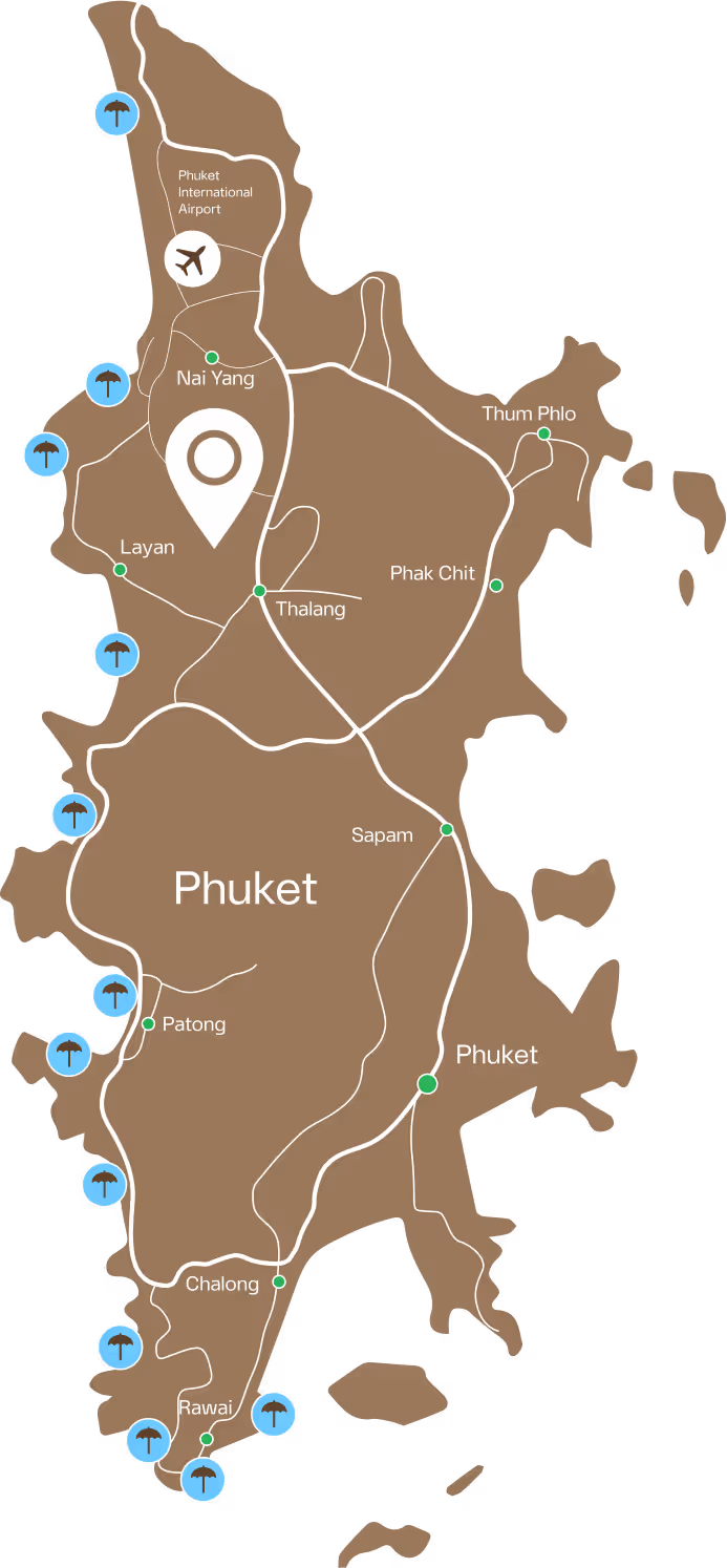 Map of Phuket island in Thailand showing Phuket International Airport, main roads, and beach locations marked with umbrella icons.