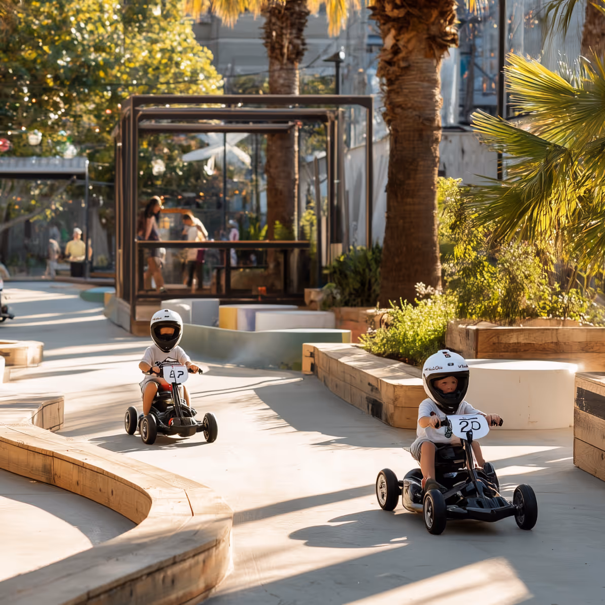 Two children wearing white helmets riding black pedal karts on a curved outdoor track with wooden barriers and palm trees.