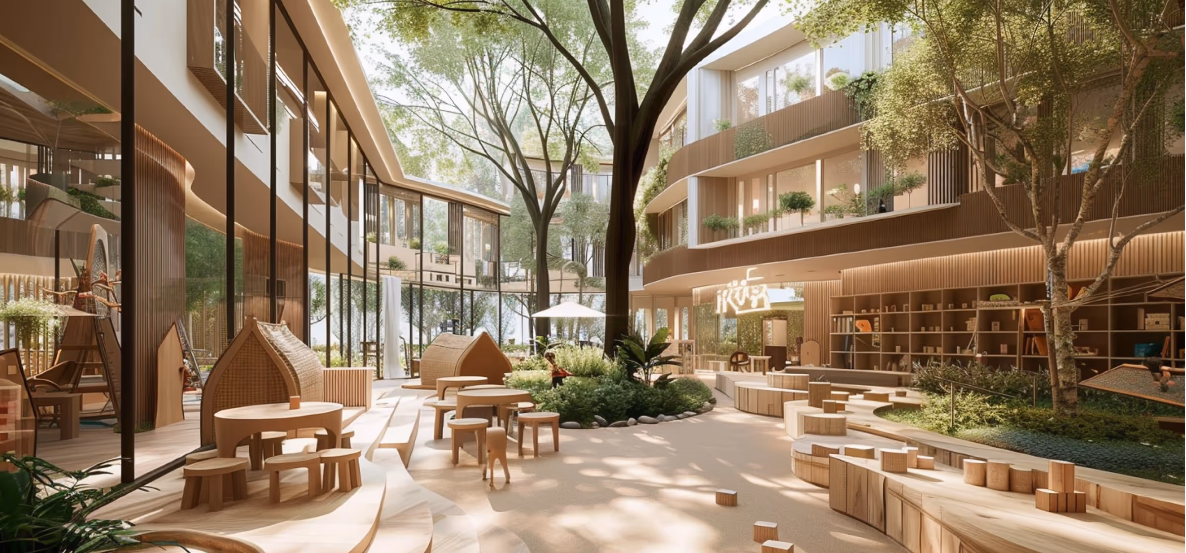 Bright indoor space with wooden furniture and stools arranged around tables, large trees, greenery, and shelves in a modern, natural design.