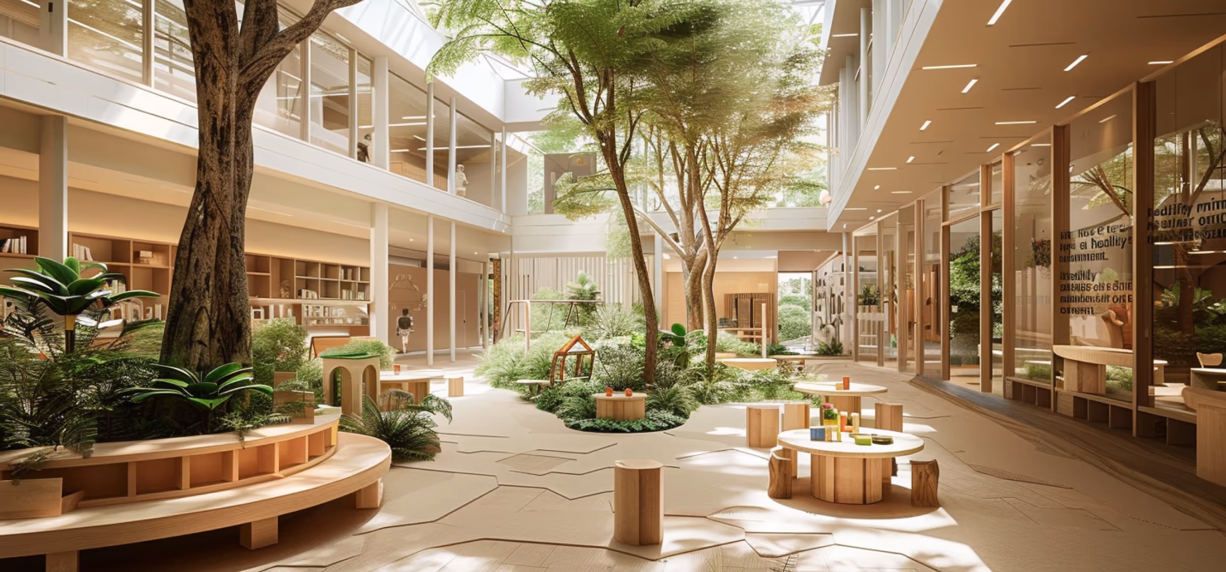 Bright indoor space with large trees, abundant plants, wooden benches, round tables, and stools under a skylight ceiling.