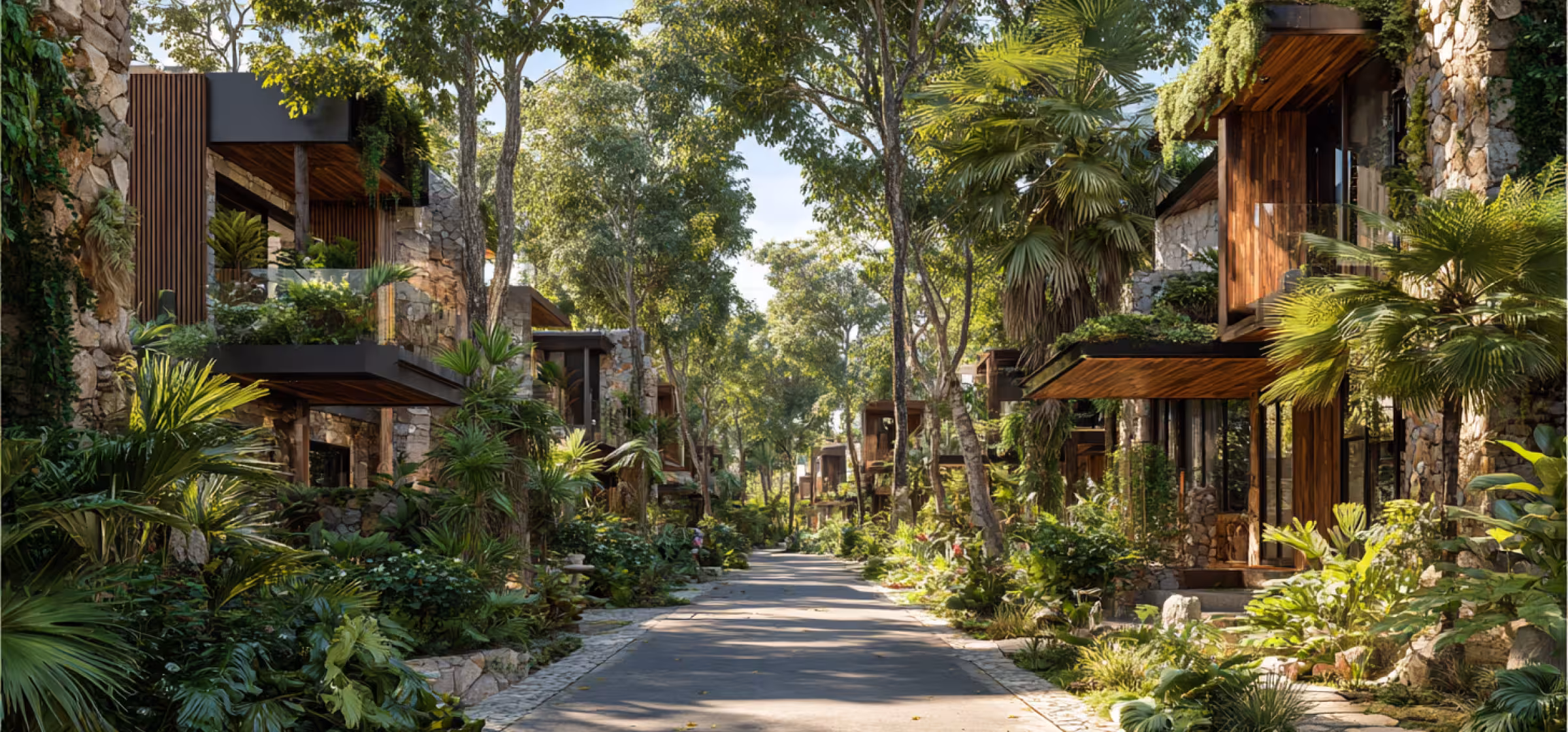 Pathway lined with stone and wood modern houses surrounded by lush tropical greenery and tall trees on a sunny day.