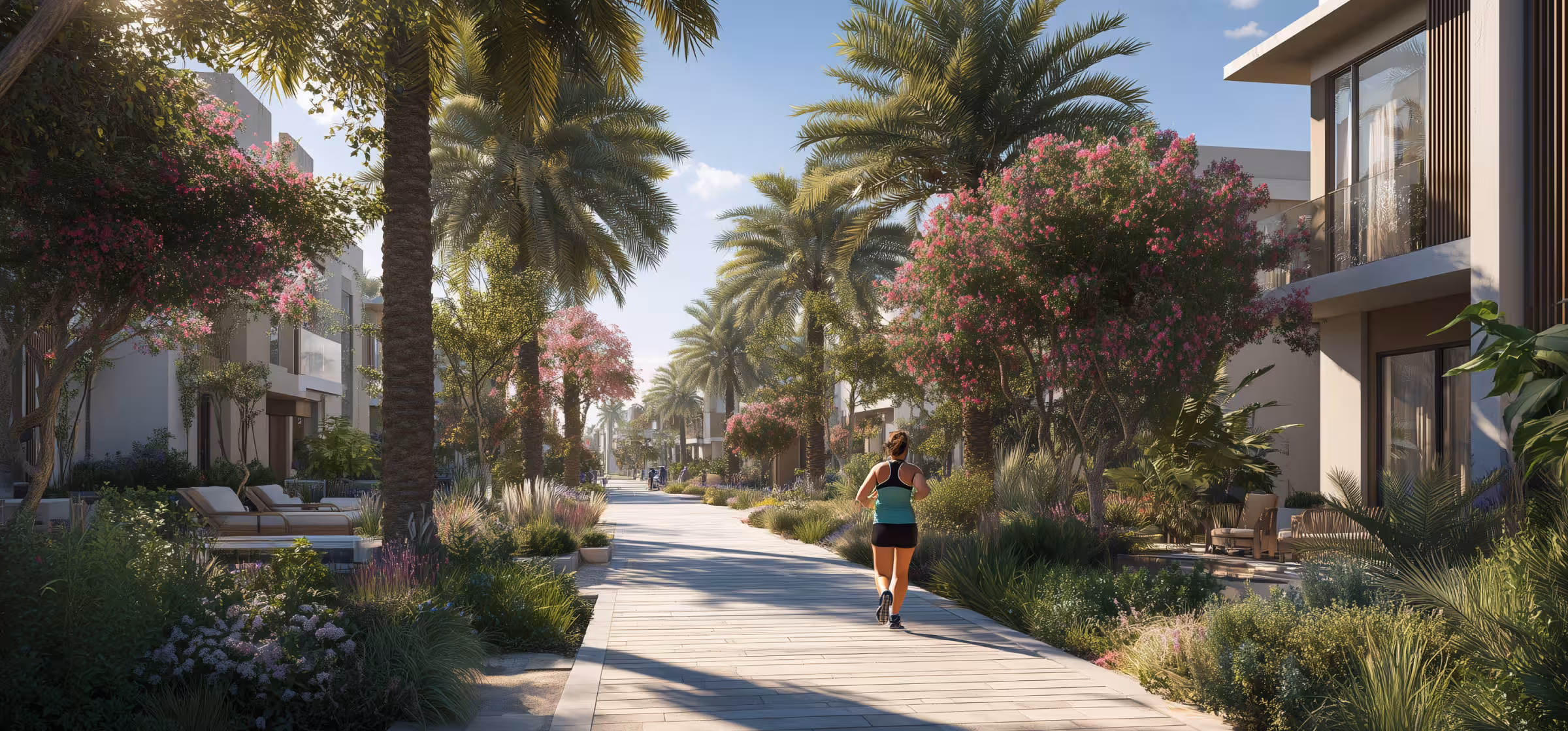 Woman jogging on a wide, sunny pathway lined with palm trees, flowering shrubs, and modern houses with balconies.