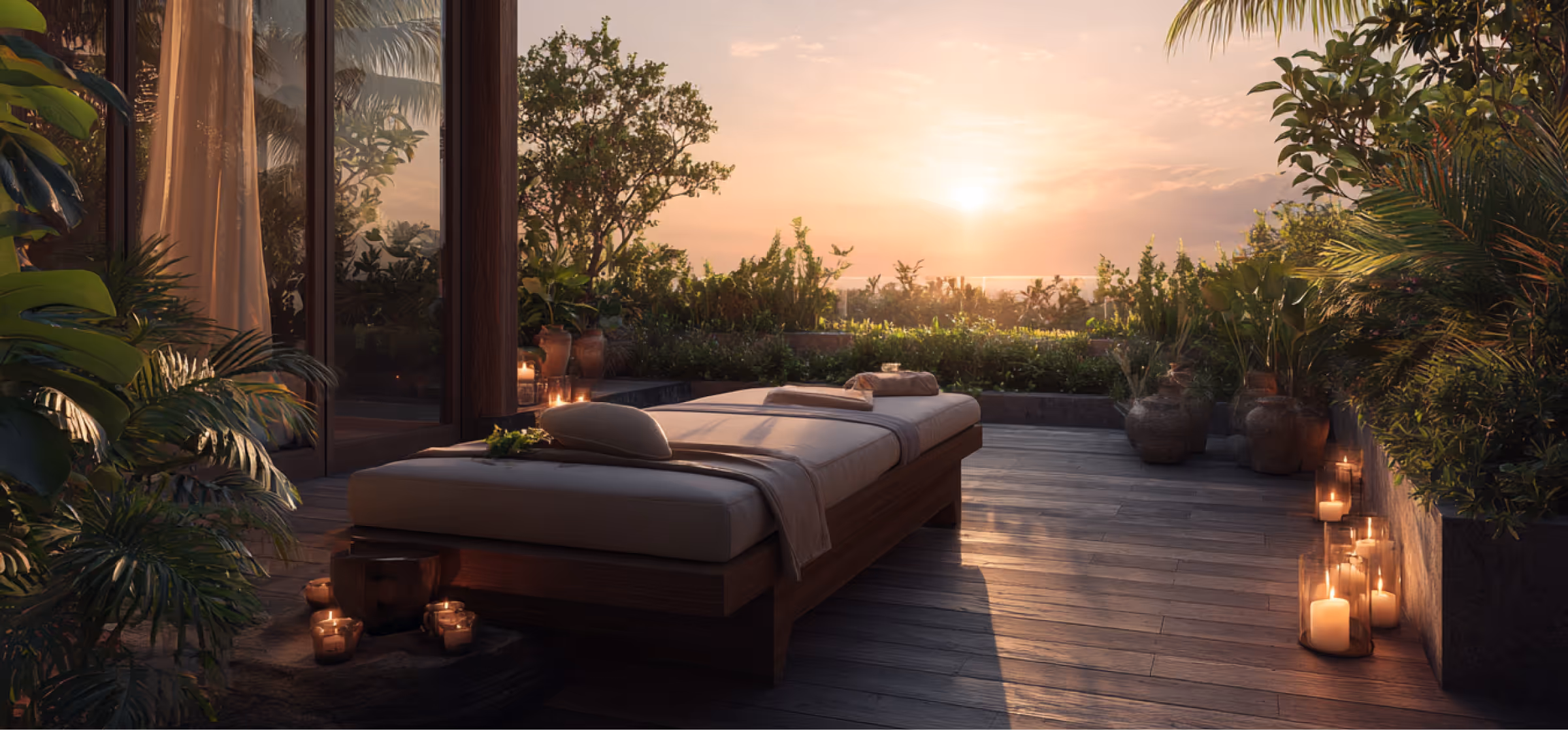 Outdoor spa bed on a wooden deck surrounded by lush plants and candles at sunset.