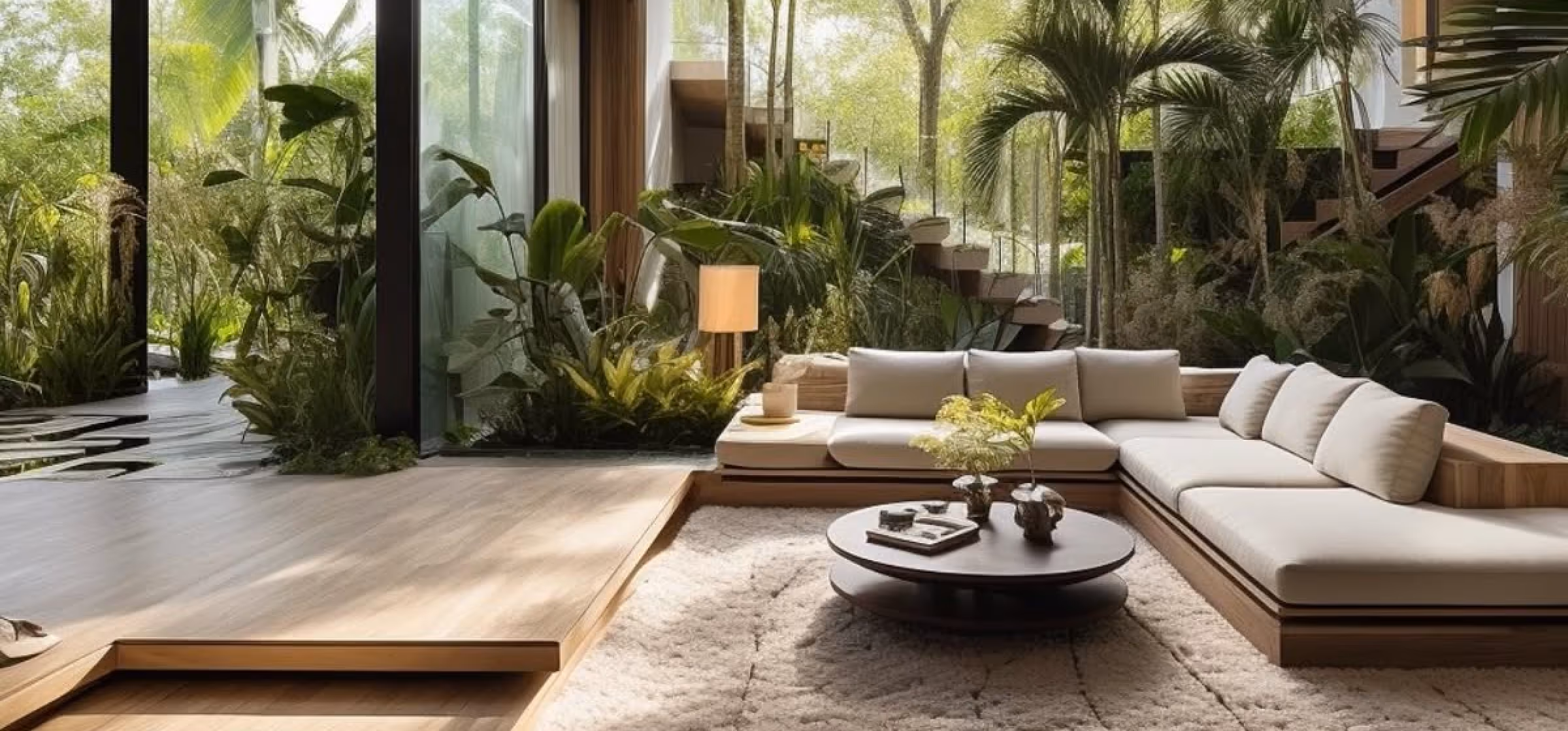 Modern living room with a large beige sectional sofa, round coffee table, indoor plants, and floor-to-ceiling windows overlooking lush greenery.