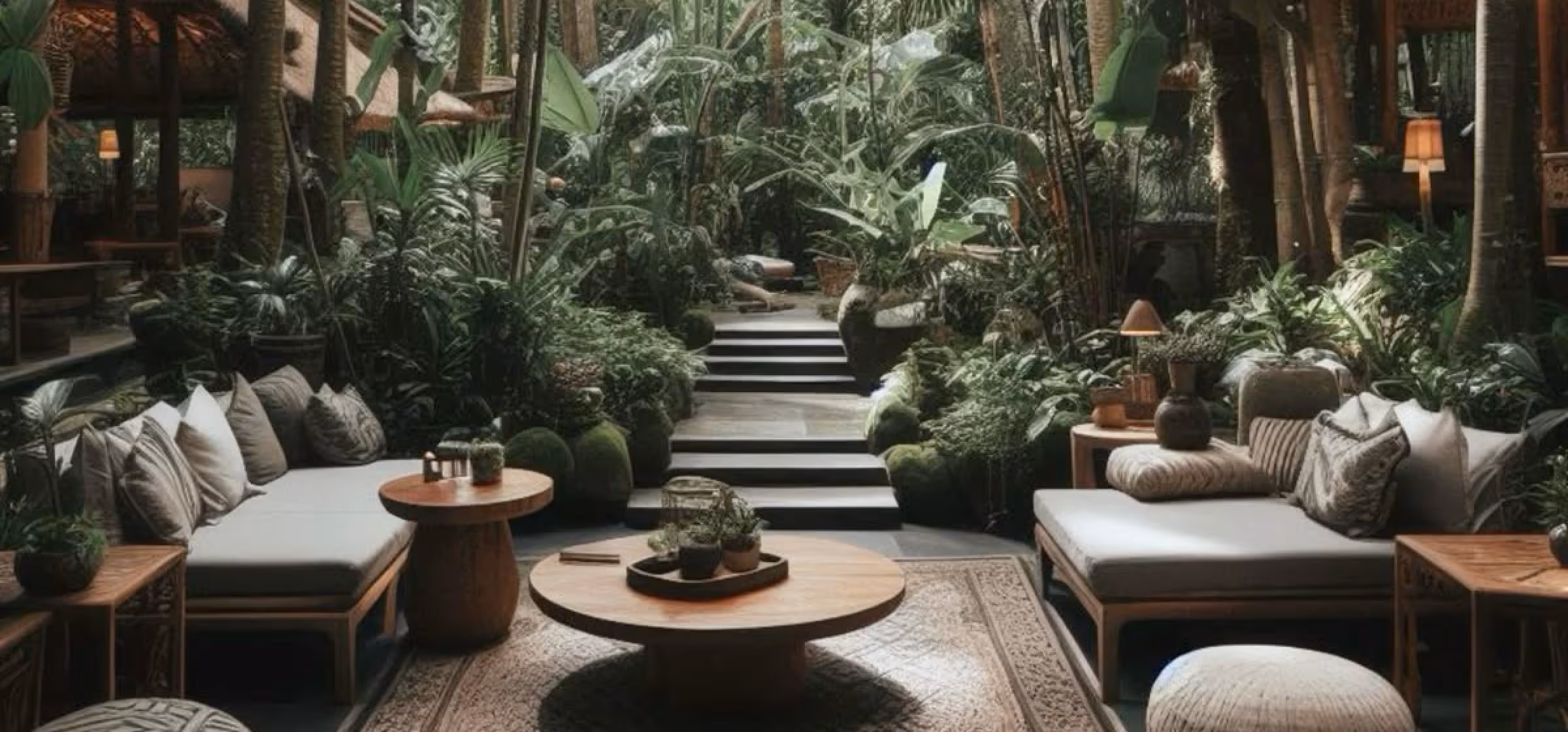 Outdoor seating area with cushioned sofas, wooden tables, and lush tropical plants surrounding a central stone staircase.