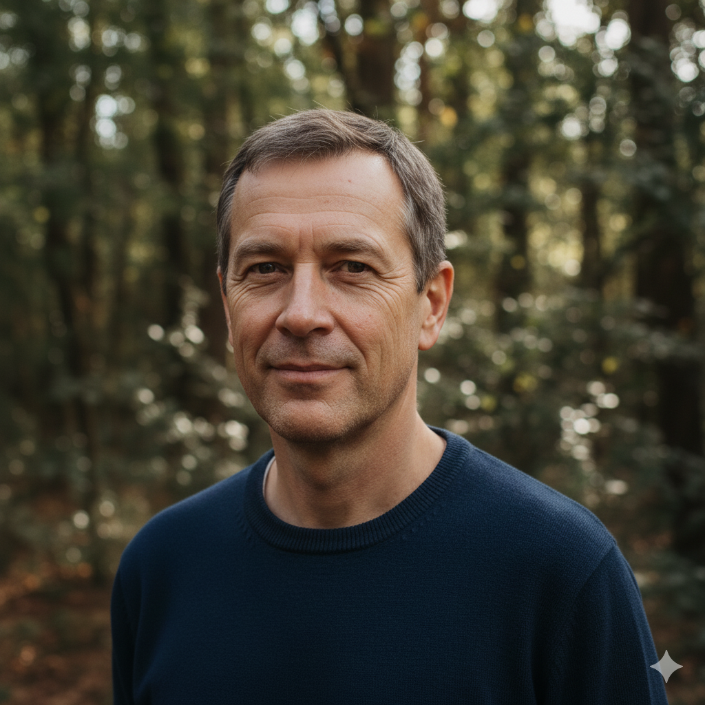 Middle-aged man with short gray hair wearing a navy blue sweater, standing outdoors with blurred forest background.