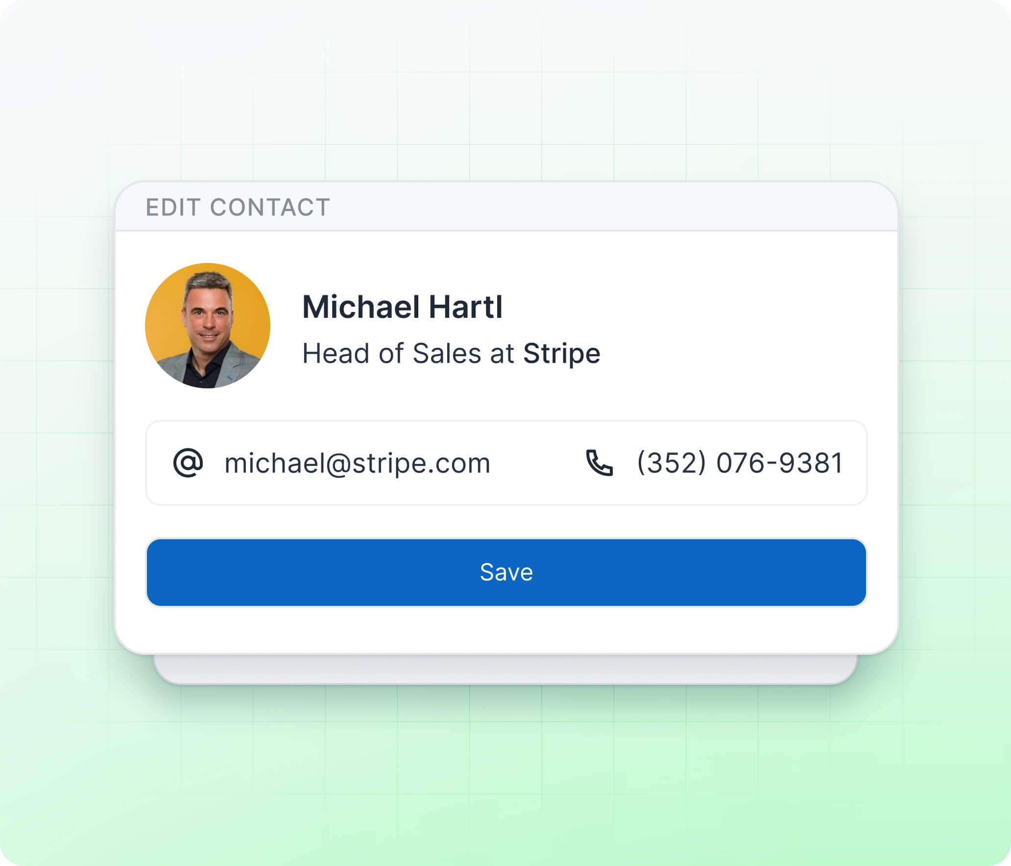 Illustration showing a HubLead contact editing window with user details such as name, email, and phone number.