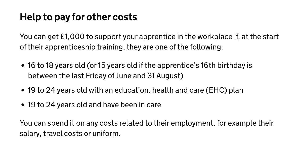 Description of additional apprenticeship funding available.