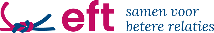 EFT-logo met een rood en blauw knoopgrafisch element en de tekst 'eft samen voor betere relaties' in blauwe en roze letters.