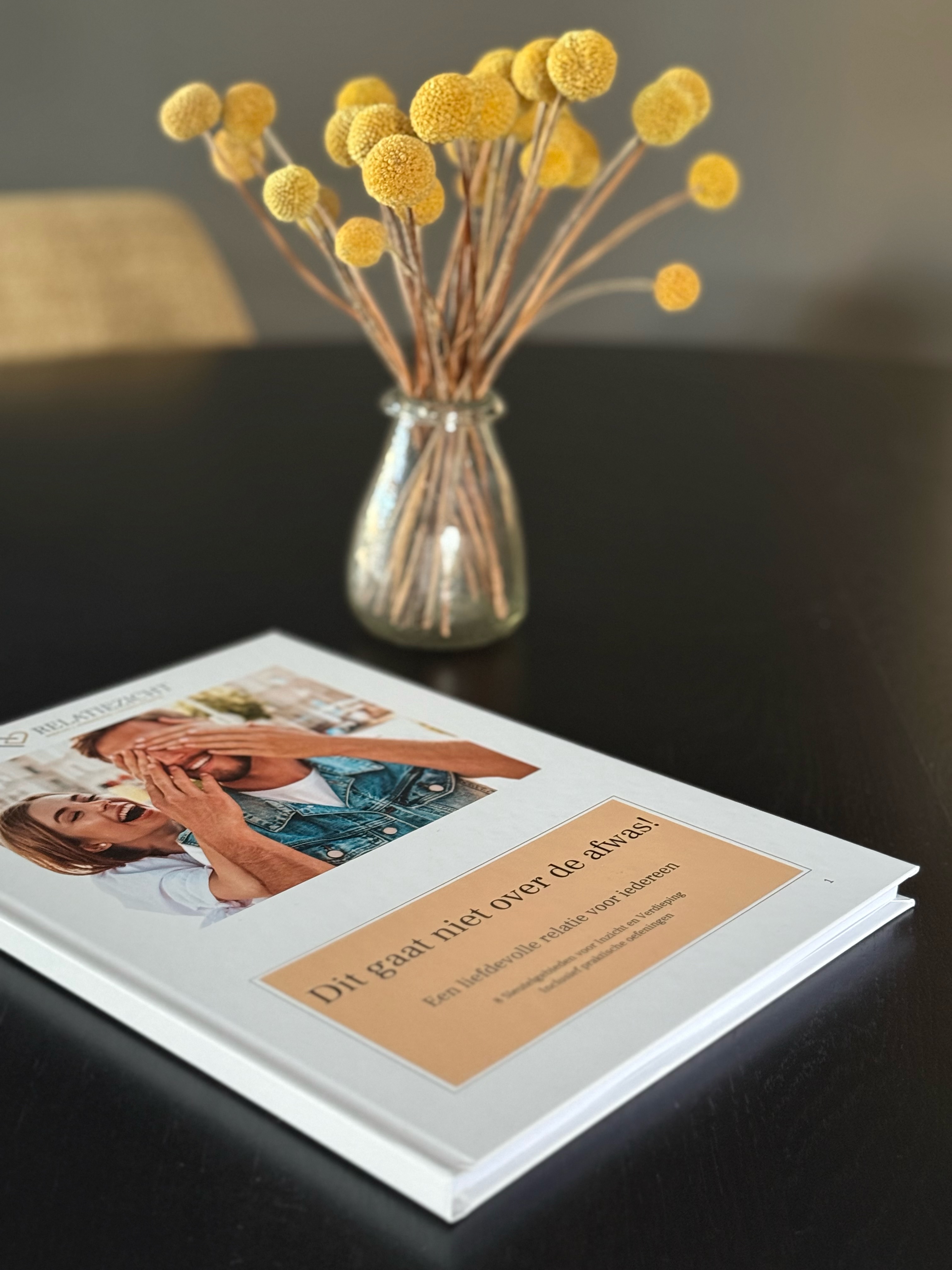 Boek met titel 'Dit gaat niet over de afwas!' en een afbeelding van een lachend paar op een zwarte tafel met een vaas gele bloemen.