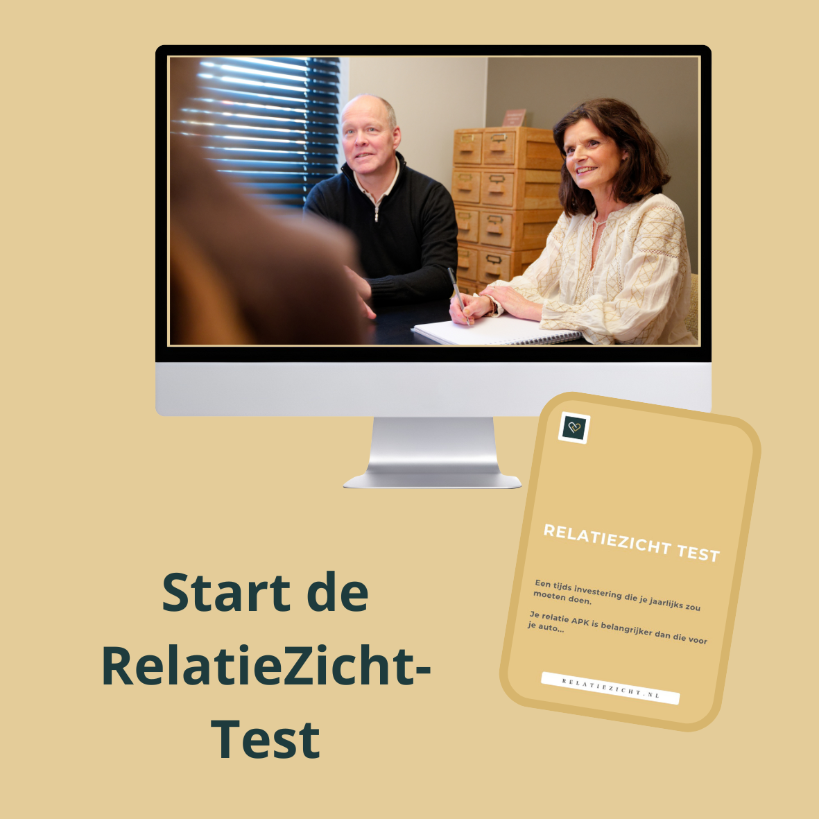 Computerscherm toont een man en een vrouw die in een gesprek zitten, met tekst eronder 'Start de RelatieZicht-Test' en een promotiekaart voor de test.