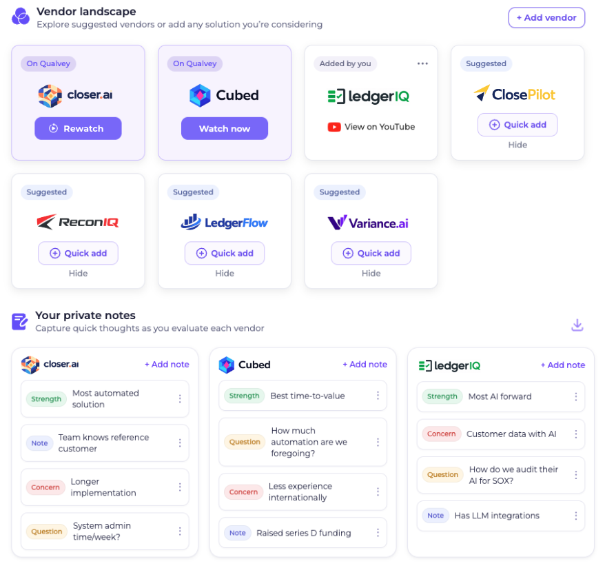 Category Research vendor landscape and private notes workspace