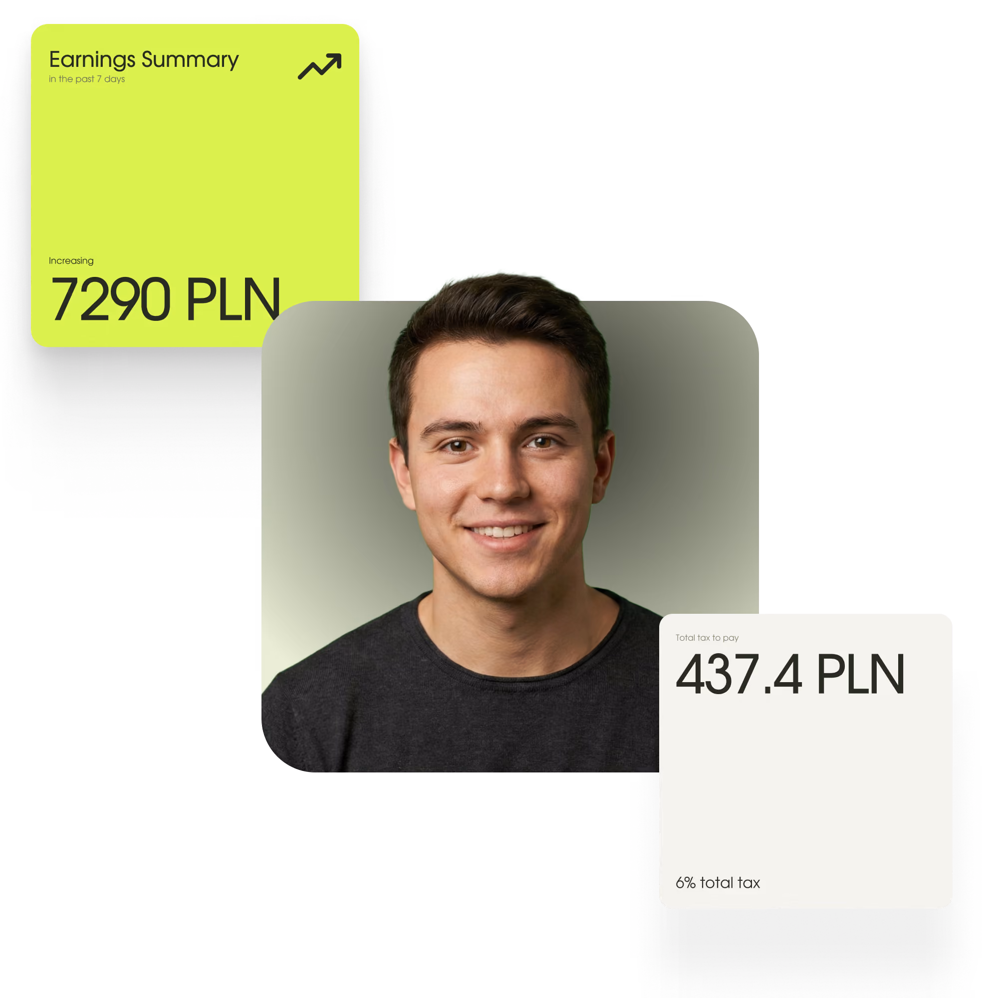 Smiling young man with earnings summary 7290 PLN and total tax 437.4 PLN displayed near him.