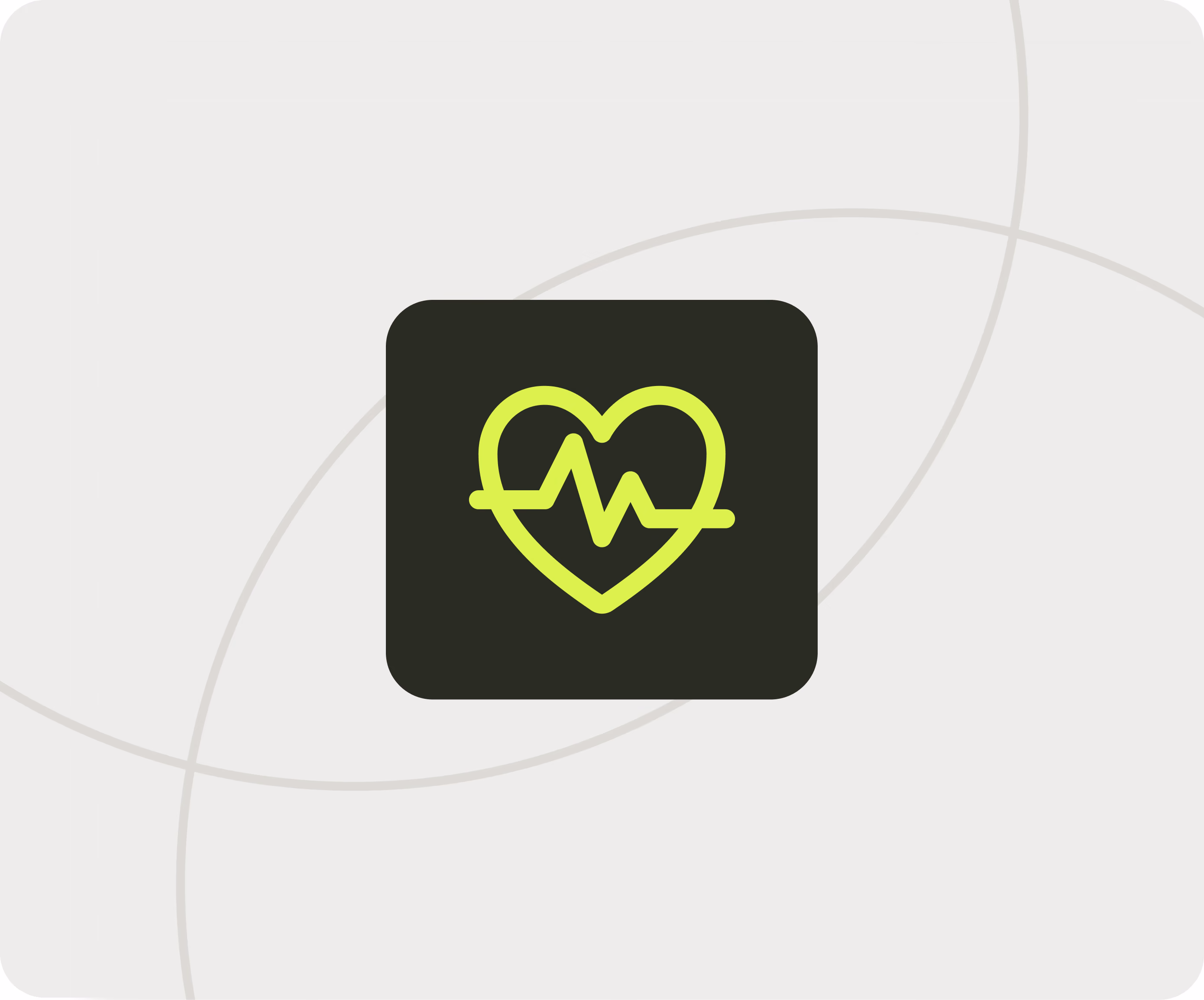 Green heart with yellow heartbeat line inside dark square on light background with gray curves.