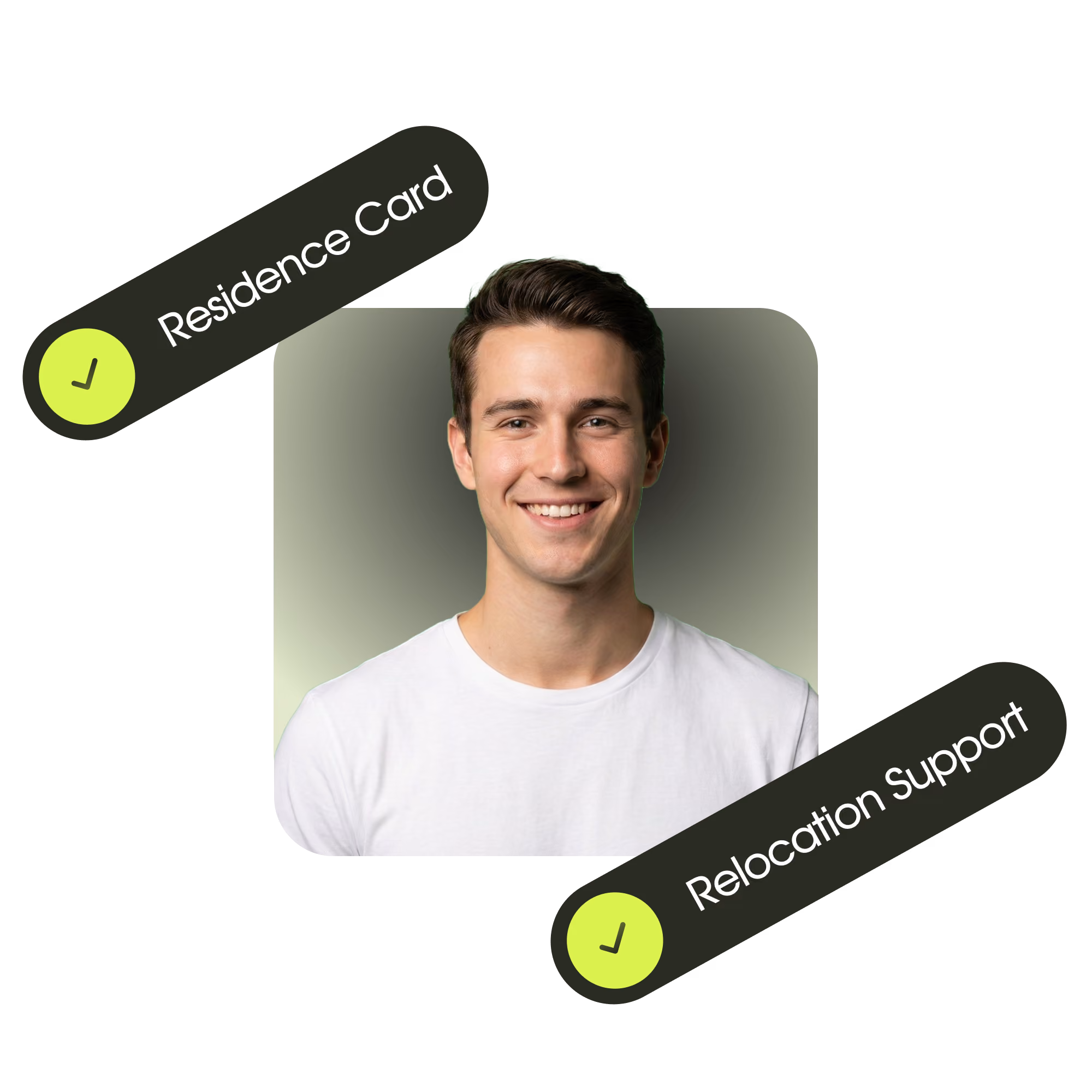 Smiling young man in white shirt with text residence card and relocation support with check marks.