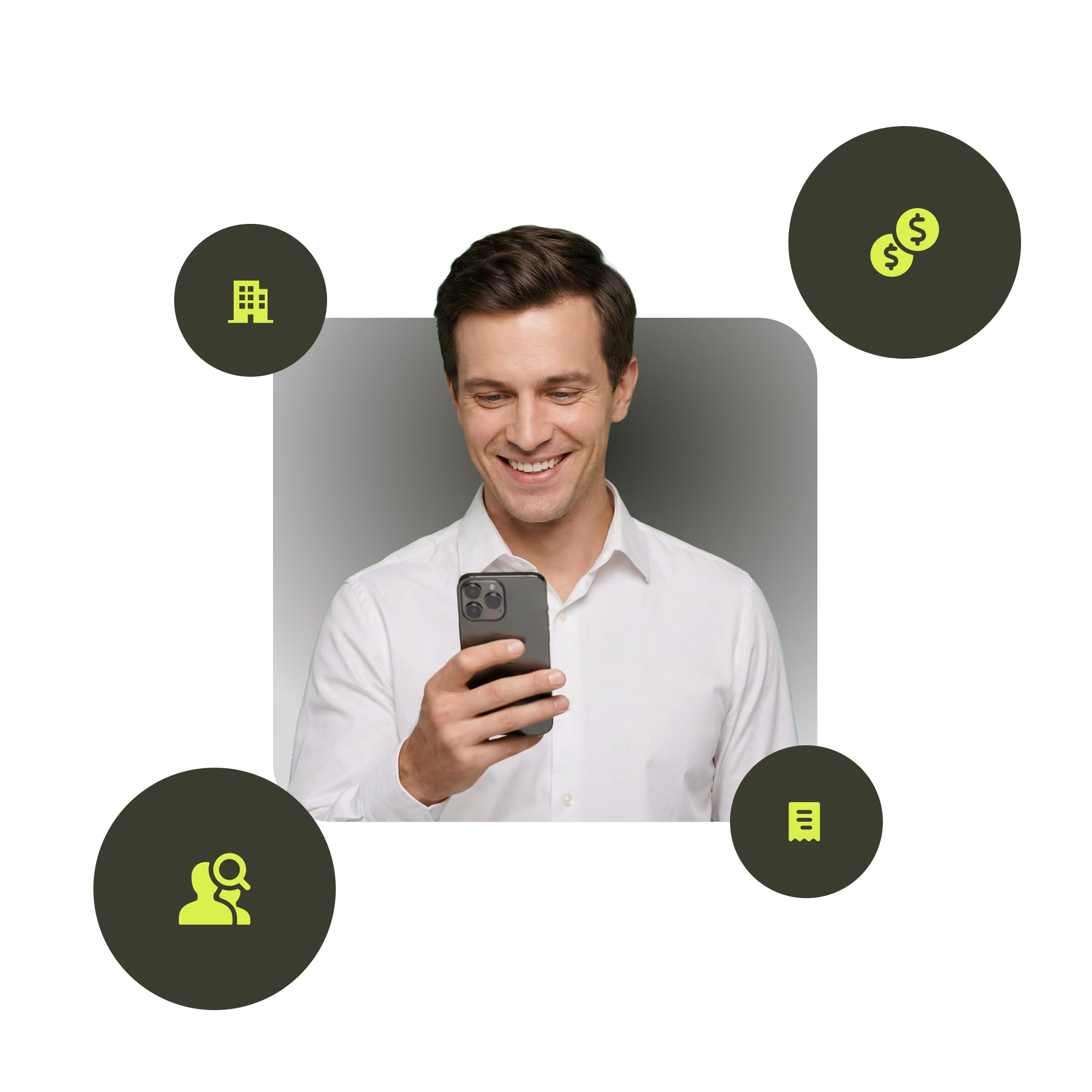 Smiling man in white shirt looking at smartphone with floating business and finance icons.