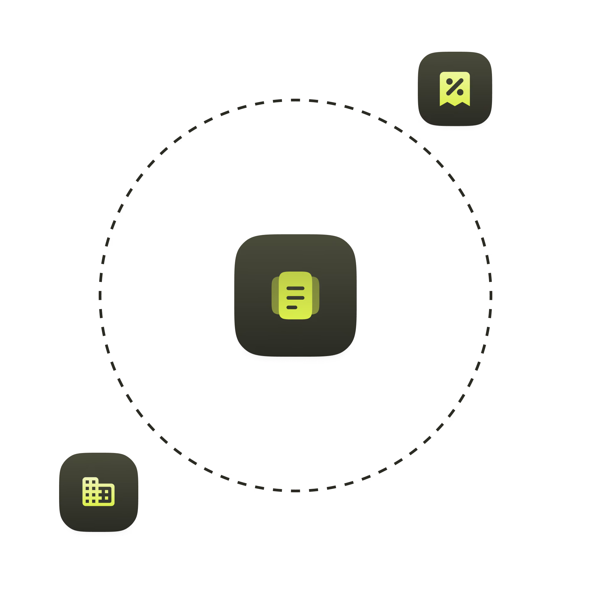 Central document icon connected by dotted circle to discount tag and building icons on dark background.