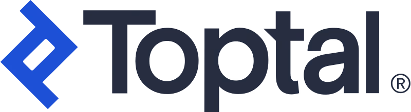 Toptal logo with blue abstract geometric symbol and black text.