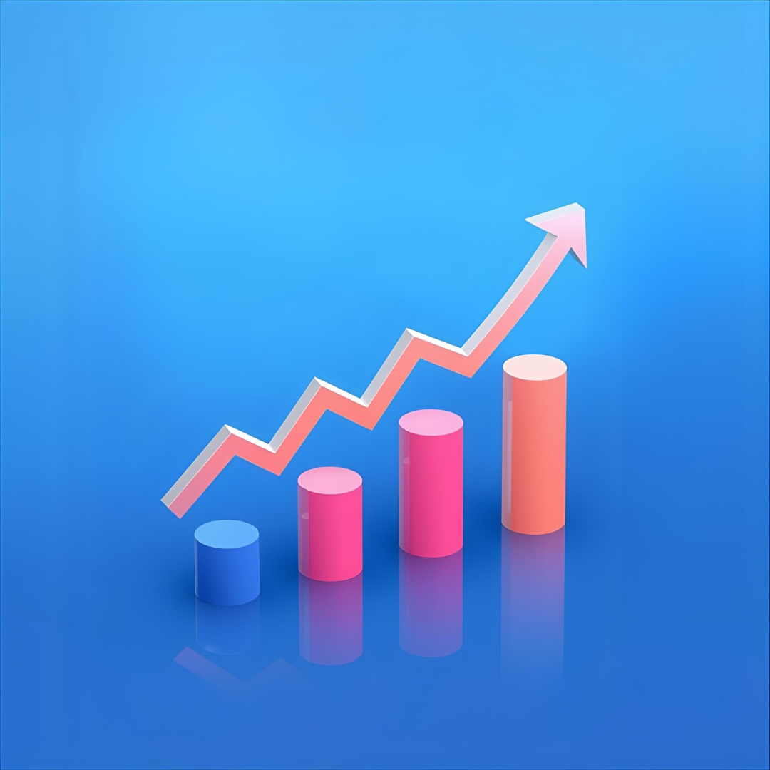 3D colored bar chart with four cylindrical bars increasing in height and a rising arrow line on a blue background.