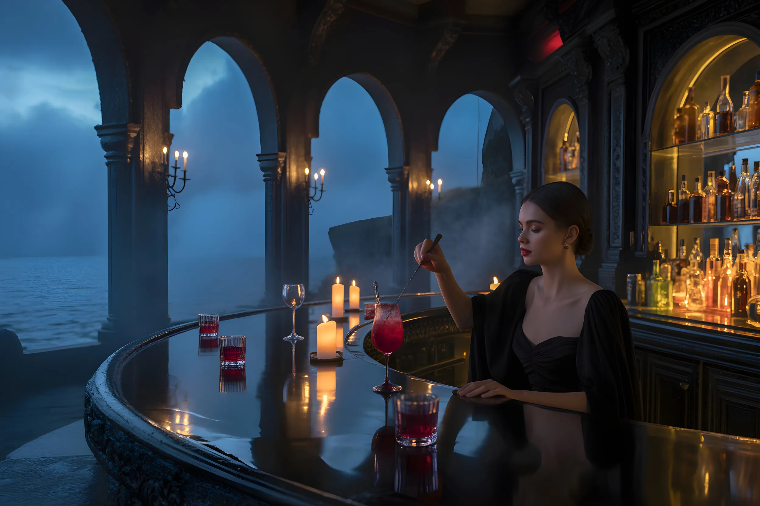 A woman in a black dress sitting at a gothic-style bar by the seaside at night, stirring a red cocktail with candles and bottles illuminated in the background.