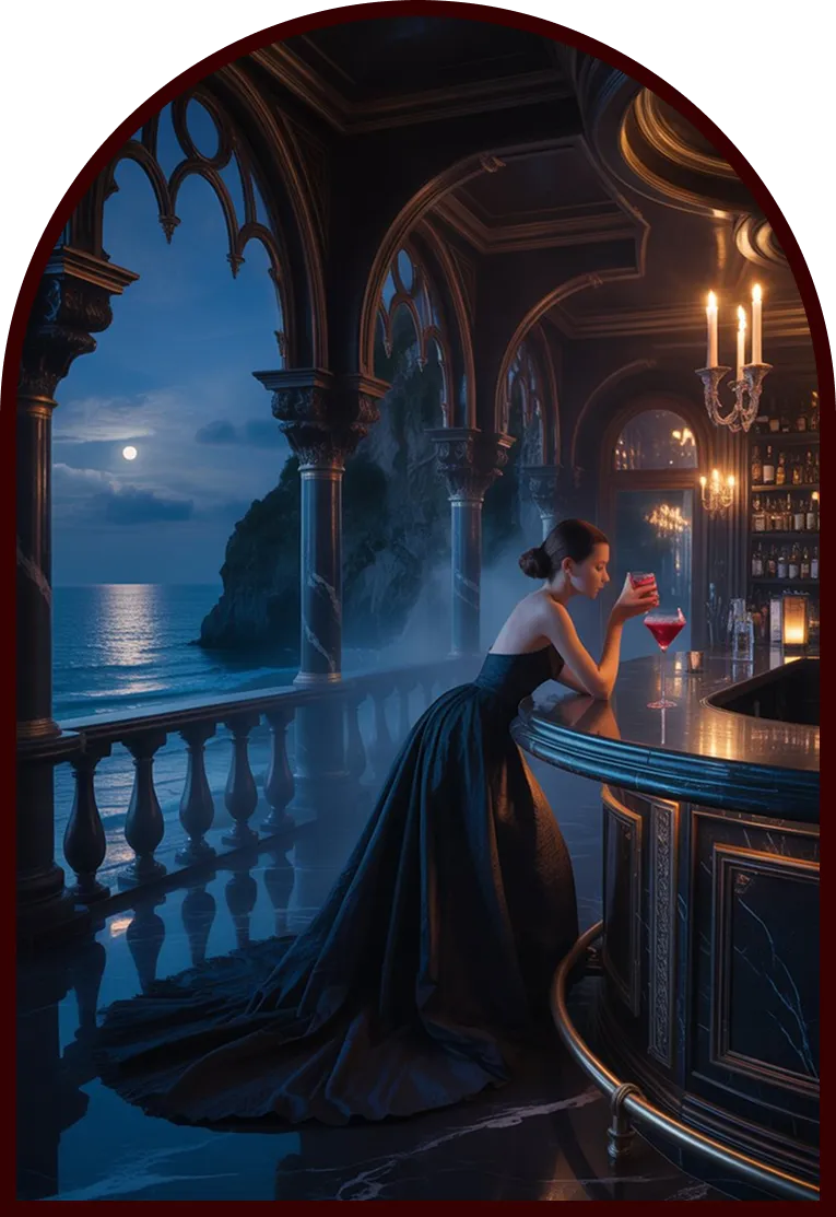 Woman in an elegant black gown leaning on a marble bar, holding a red cocktail, with moonlit ocean visible through arched windows.