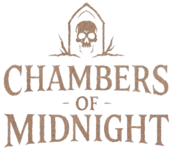 Logo for Chambers of Midnight featuring a skull inside an arched frame above the text.