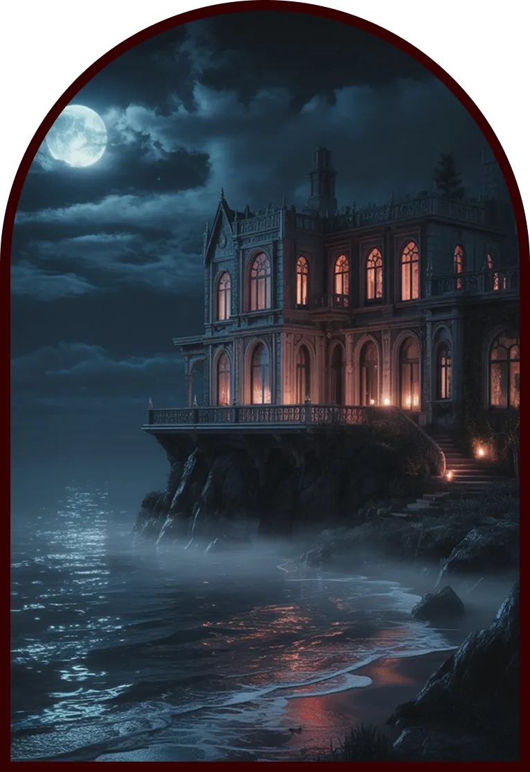 Gothic mansion perched on a cliff overlooking a misty ocean under a full moon at night.