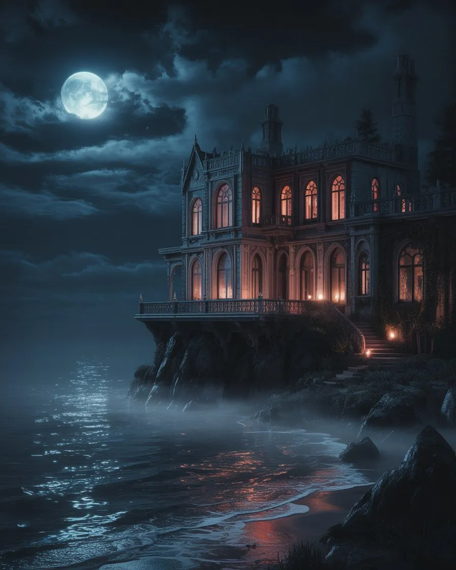 Gothic mansion perched on a cliff overlooking a misty ocean under a full moon at night.