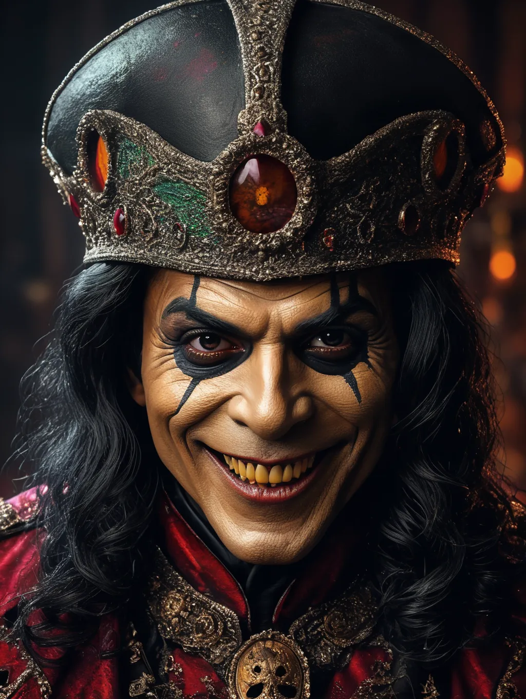 Smiling person with black theatrical makeup around eyes, long black hair, and an ornate jeweled crown and red and gold costume.