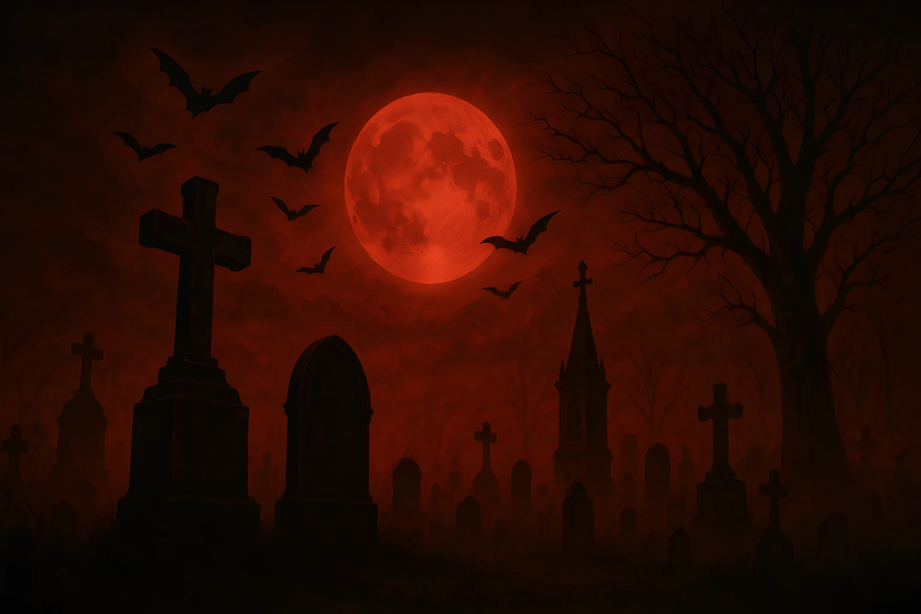 Silhouetted graveyard with crosses and tombstones under a large red full moon with bats flying and a leafless tree.