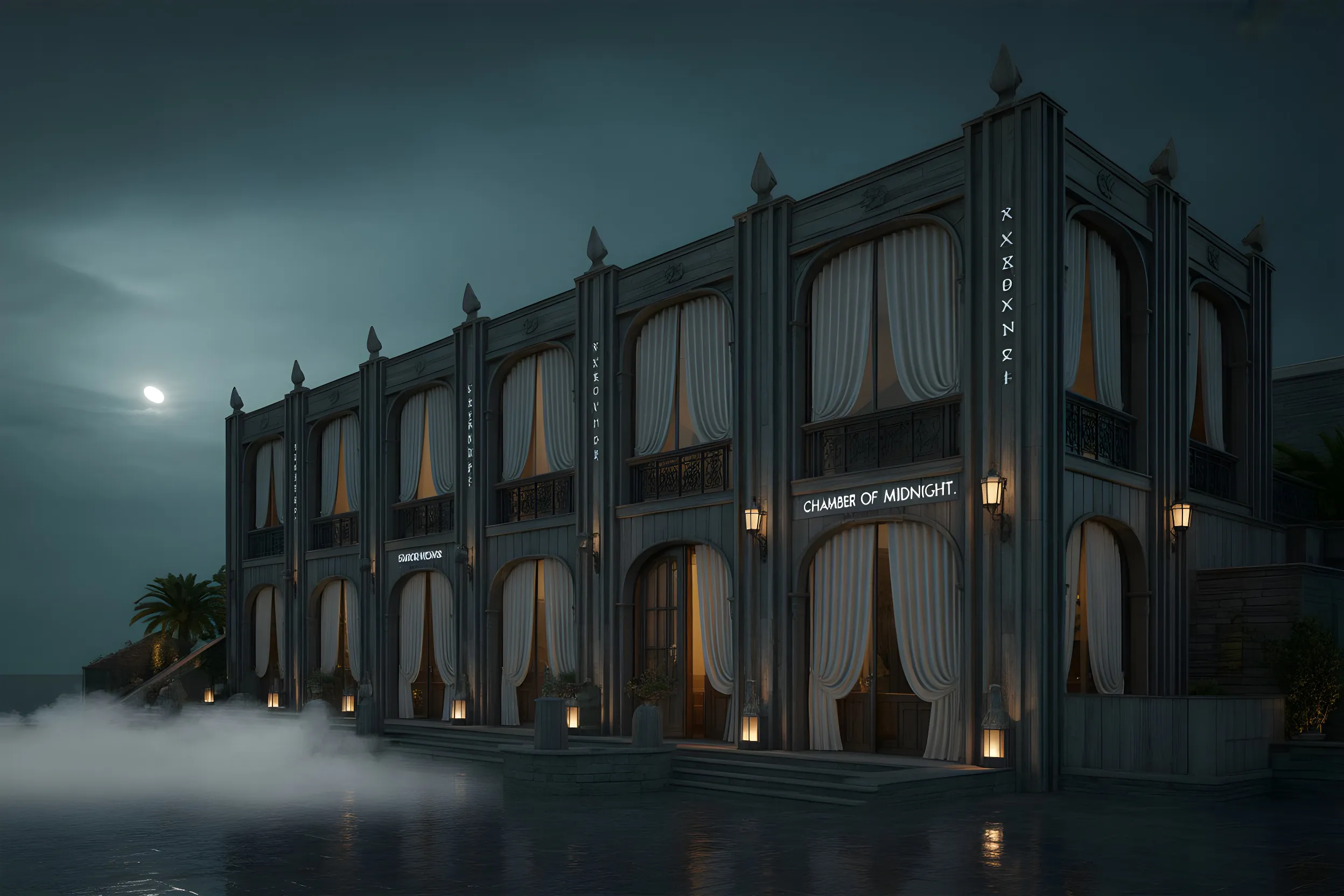 Dark two-story building with glowing signs reading 'Chamber of Midnight' and illuminated columns, set against a foggy night sky with a full moon.