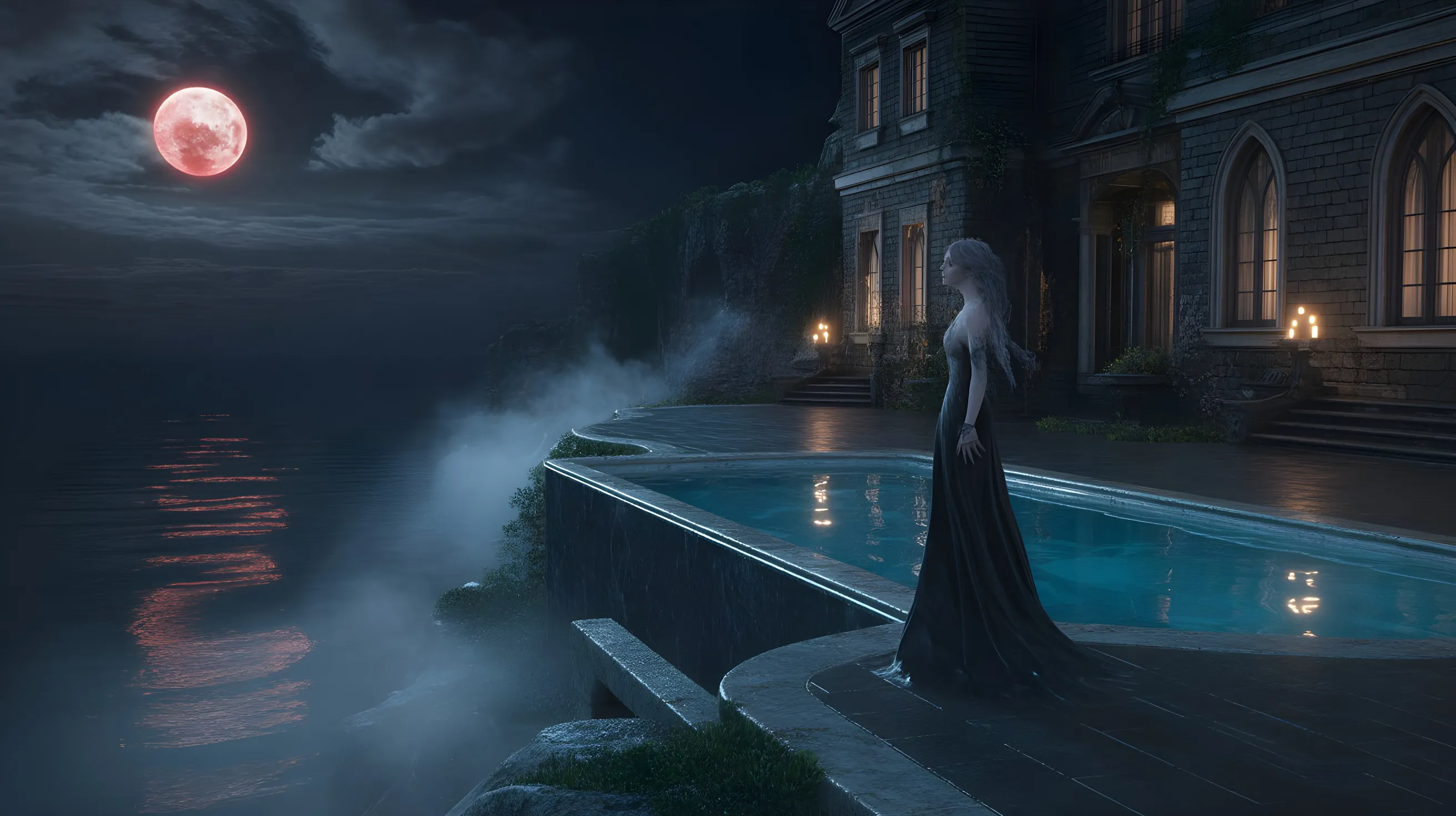 Woman in a long black dress standing beside a pool on a cliff at night with a large red moon and mist over the water.