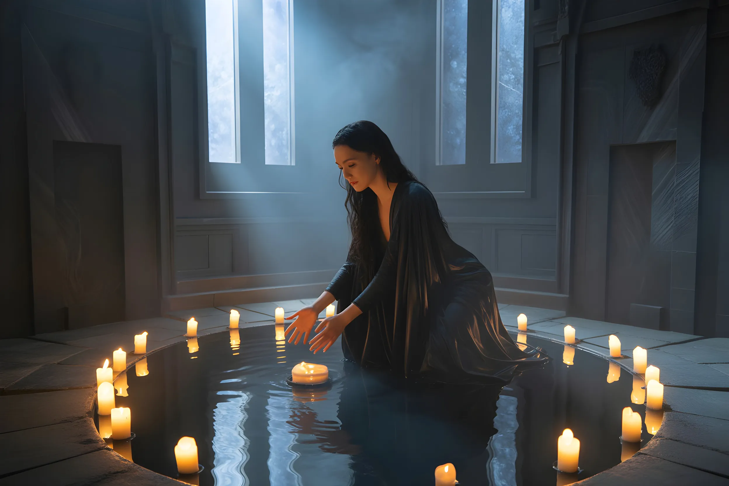 Woman in dark flowing dress kneeling by a circular pool surrounded by lit candles inside a dimly lit room.