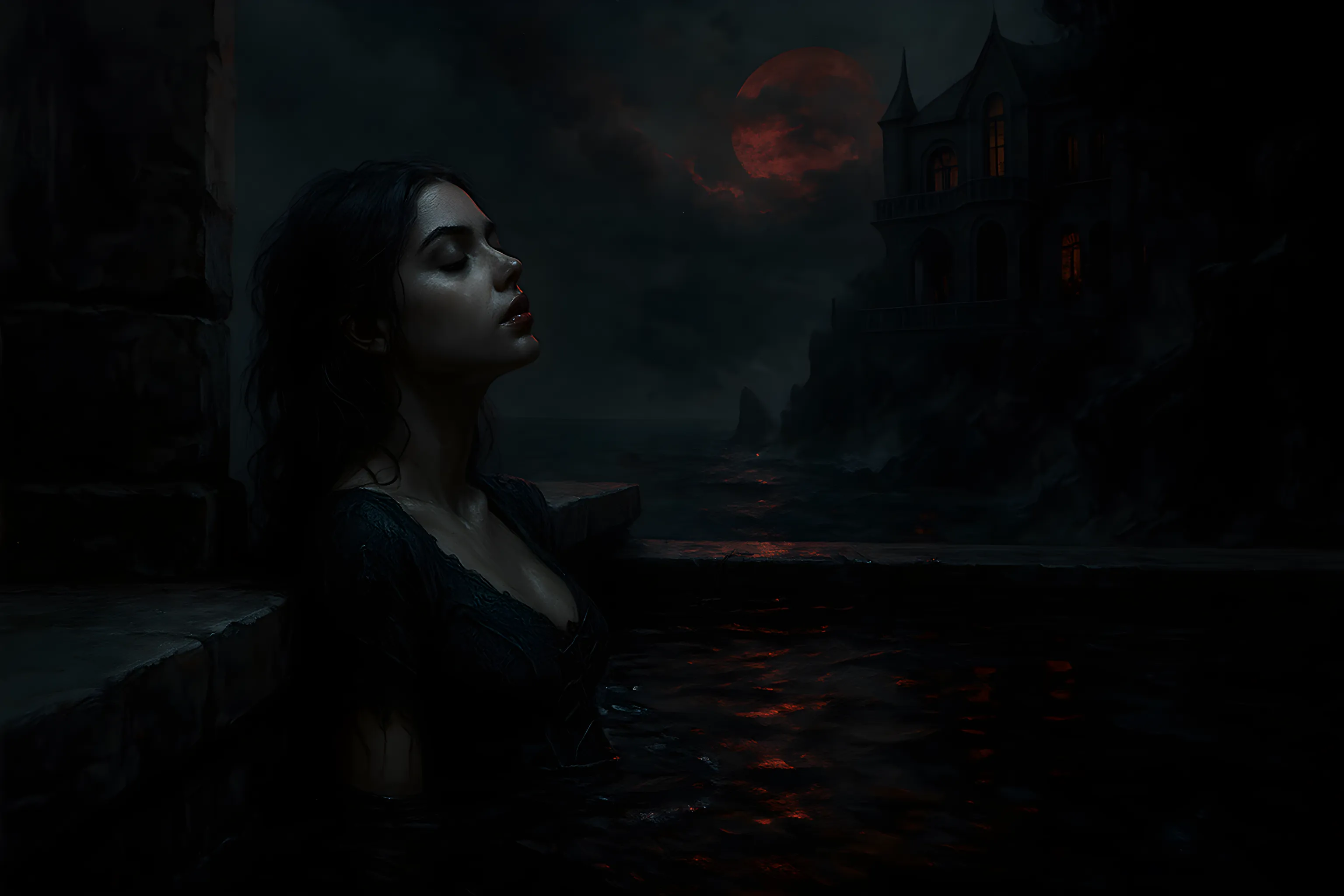 Woman with closed eyes partially submerged in dark water near stone steps under a cloudy red moon with a gothic mansion in the background.