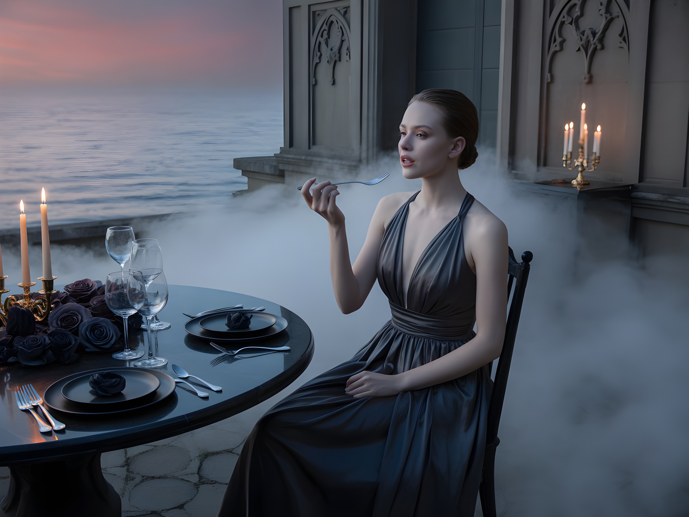 Woman in elegant dark dress sitting at a candlelit seaside table surrounded by mist, holding a fork near her mouth.