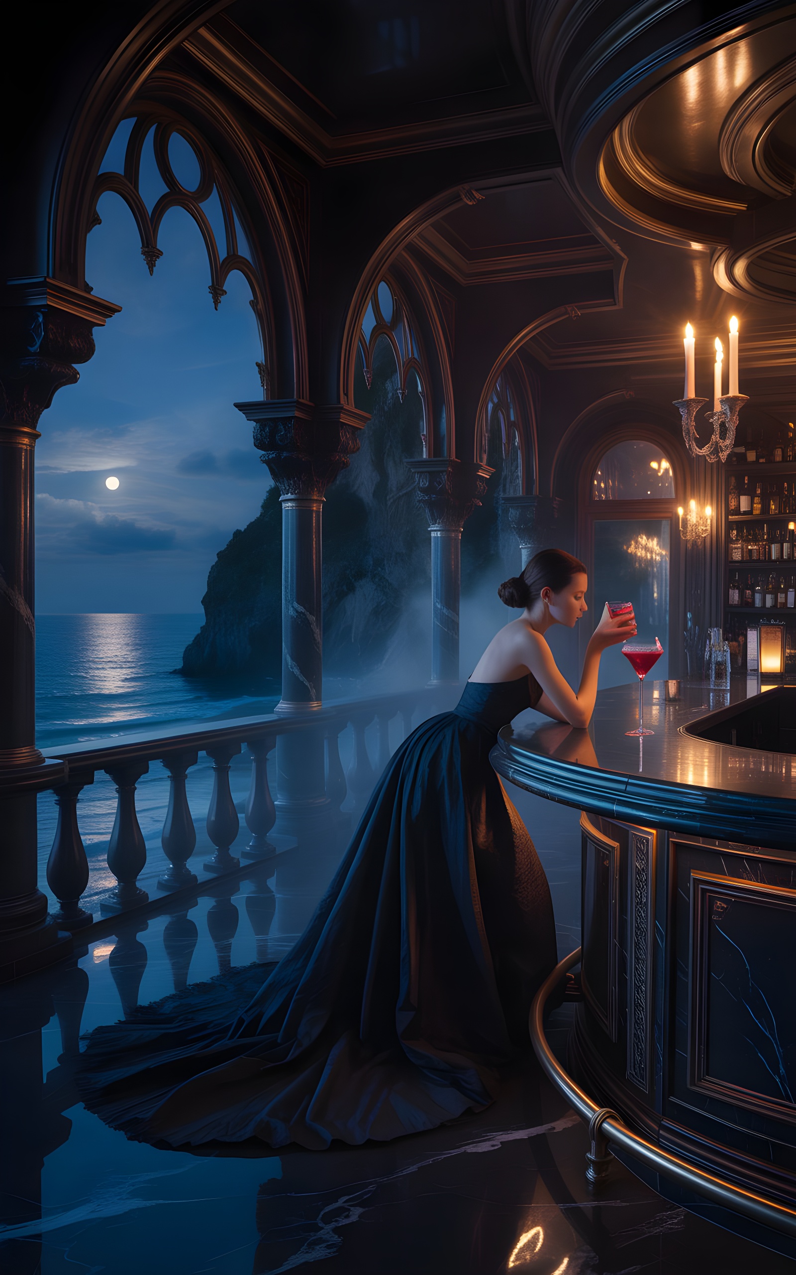 Woman in an elegant black gown leaning on a marble bar, holding a red cocktail, with moonlit ocean visible through arched windows.