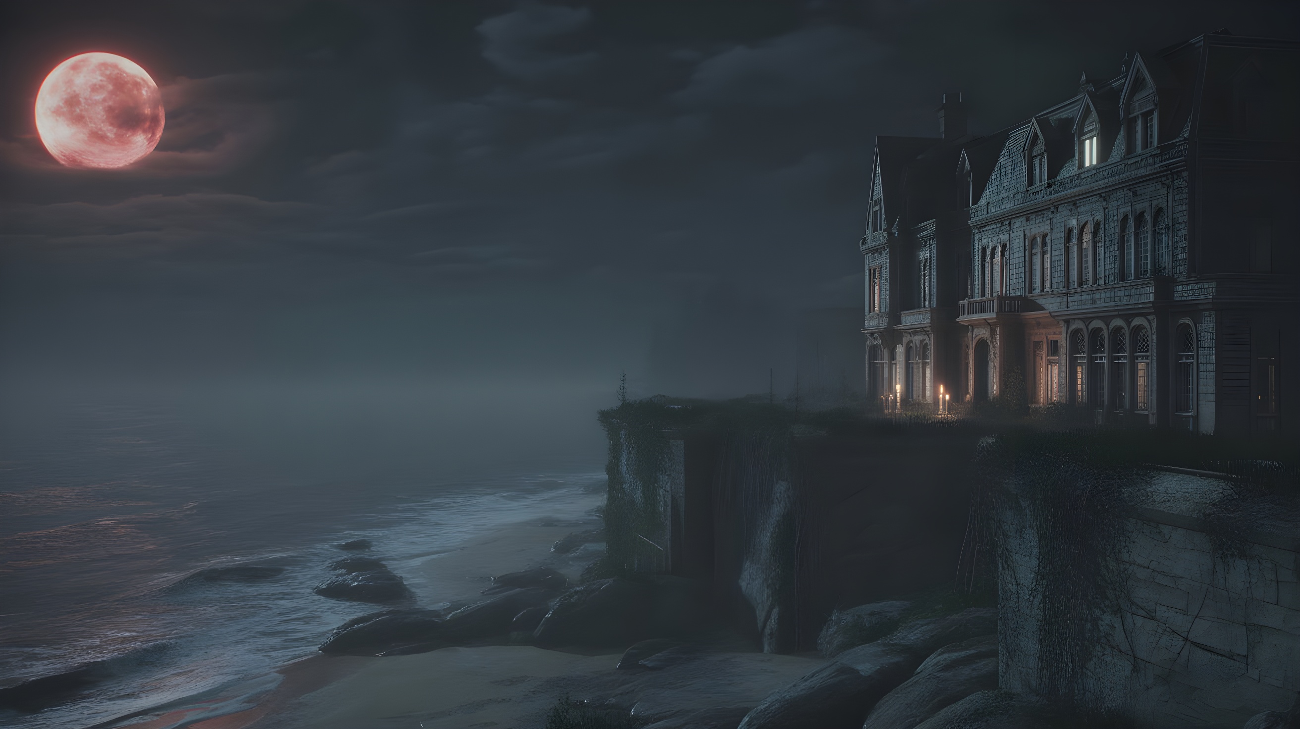 Woman in a long black dress standing beside a pool on a cliff at night with a large red moon and mist over the water.