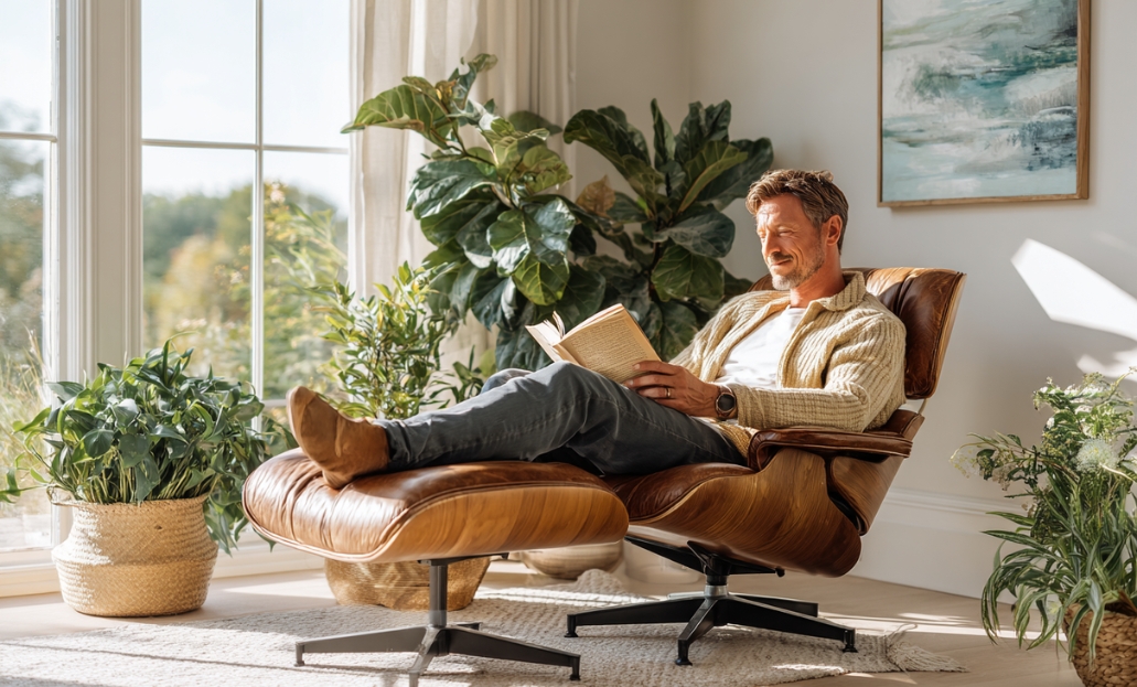Man reading a book in a nice luxury setting.